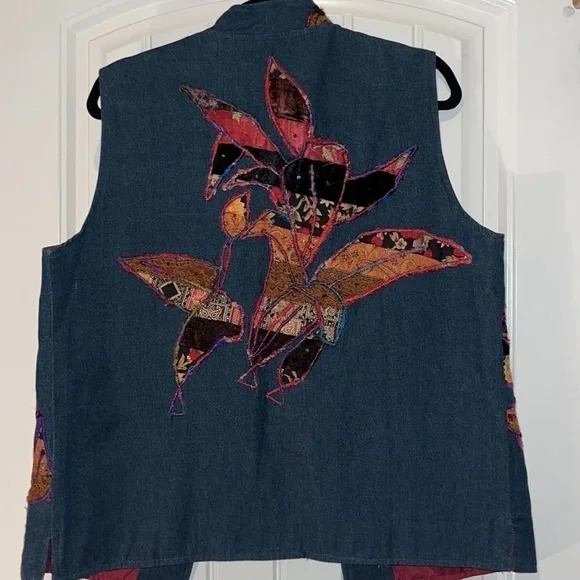 Beautiful mixed media art folk embroidered open vest Coldwater Creek size M - Picture 6 of 9